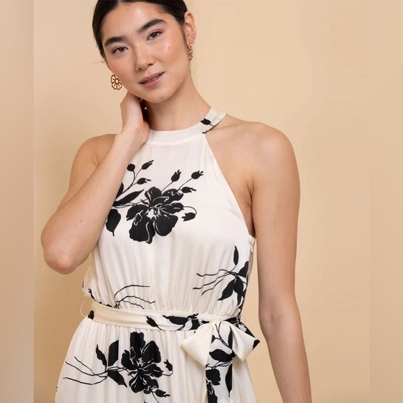 🆕 Ricki’s Asymmetrical Ruffle Halter Dress in Ivory Off White Black Floral - Picture 2 of 4